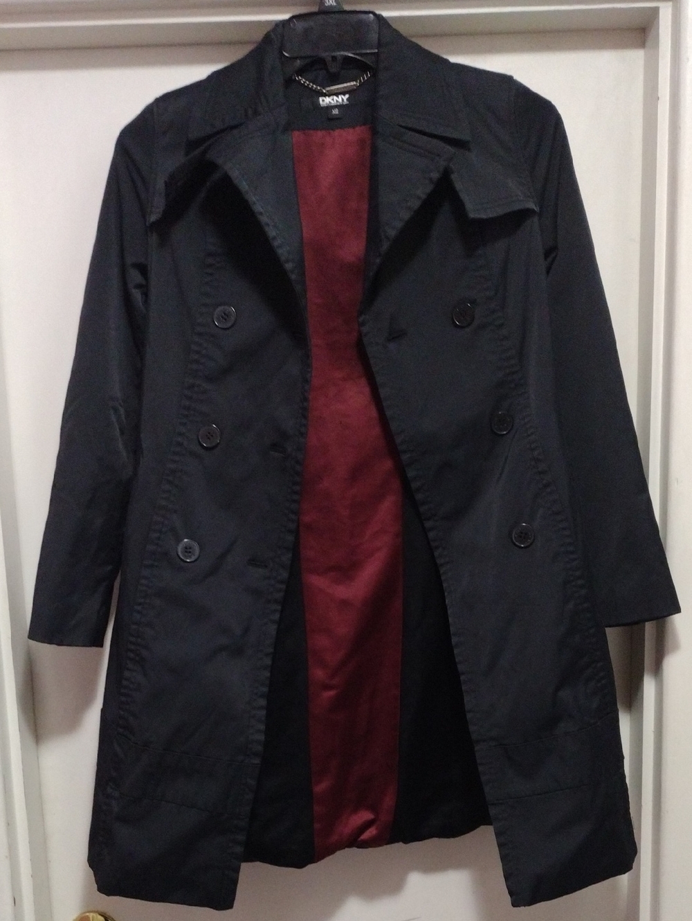 DKNY Black Trench Coat with Burgundy Lining XS